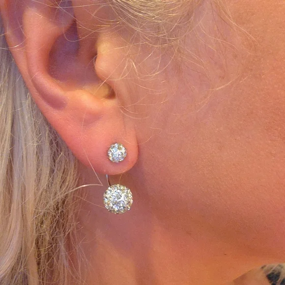 Sterling Silver S925.  Double Rhinestone Ball Ear  Classic Daily Wear Perfect - Picture 10 of 13